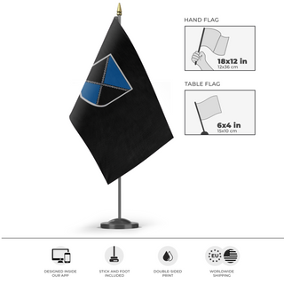 A mockup of the custom flag 'Azerole-Flag-3' as a desk flag and small hand waving flag