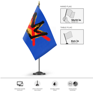 A mockup of the custom flag 'NO KINGS' as a desk flag and small hand waving flag
