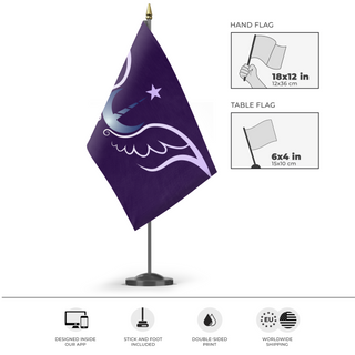 A mockup of the custom flag 'Lunar Empire flag' as a desk flag and small hand waving flag