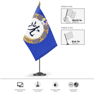 A mockup of the custom flag 'Shen flag' as a desk flag and small hand waving flag