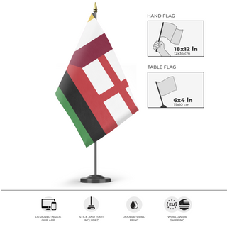 A mockup of the custom flag 'TOTA Plurinational flag' as a desk flag and small hand waving flag
