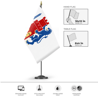 A mockup of the custom flag 'Bohuslan Flag' as a desk flag and small hand waving flag