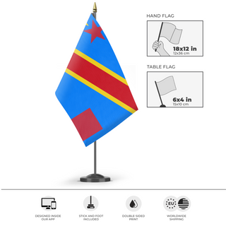 A mockup of the custom flag 'test flag' as a desk flag and small hand waving flag