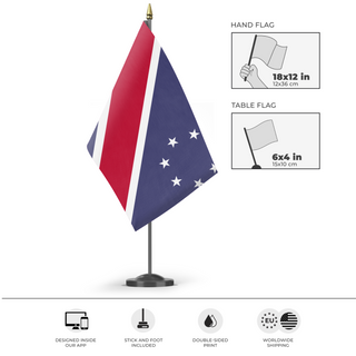 A mockup of the custom flag 'Distinct in Origin, United in Liberty flag' as a desk flag and small hand waving flag