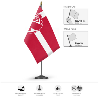 A mockup of the custom flag 'Tomorrowland Denmark flag' as a desk flag and small hand waving flag