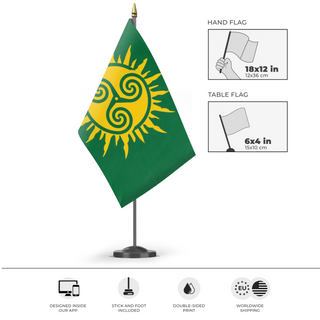 A mockup of the custom flag 'Pan Gaelic Flag' as a desk flag and small hand waving flag