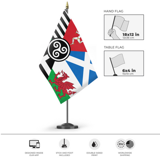 A mockup of the custom flag 'Celtic Nations flag' as a desk flag and small hand waving flag