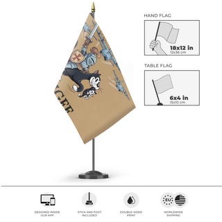 A mockup of the custom flag '41st MGFE flag' as a desk flag and small hand waving flag
