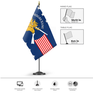 A mockup of the custom flag 'Bull Moose America flag' as a desk flag and small hand waving flag