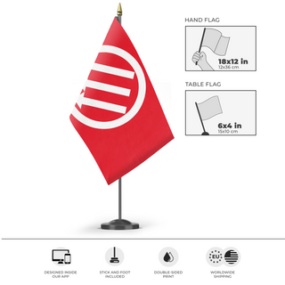A mockup of the custom flag 'Red and White Iron Front flag' as a desk flag and small hand waving flag