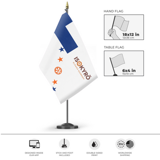 A mockup of the custom flag 'isokyro flag' as a desk flag and small hand waving flag