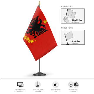 A mockup of the custom flag 'Albanian Great Seal flag' as a desk flag and small hand waving flag