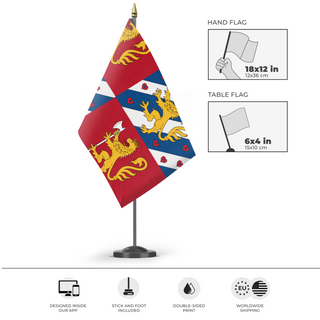 A mockup of the custom flag 'Sweden Norway Union ALT flag' as a desk flag and small hand waving flag