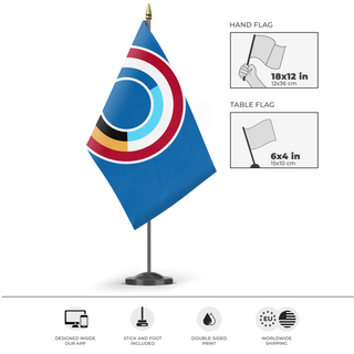 A mockup of the custom flag 'Benelux Union flag' as a desk flag and small hand waving flag