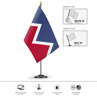 A mockup of the custom flag 'North American Union flag' as a desk flag and small hand waving flag