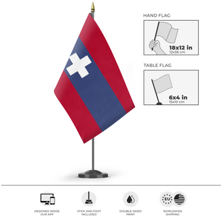 A mockup of the custom flag 'Alpine Union flag' as a desk flag and small hand waving flag
