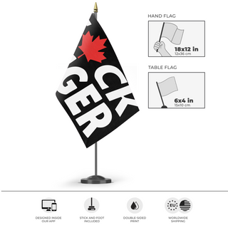 A mockup of the custom flag 'Fuck Auger flag' as a desk flag and small hand waving flag