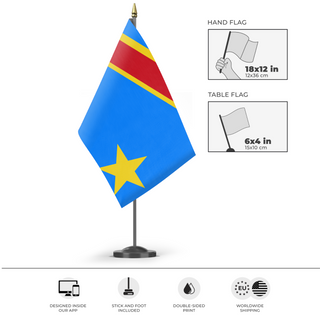 A mockup of the custom flag 'Congoa flag' as a desk flag and small hand waving flag