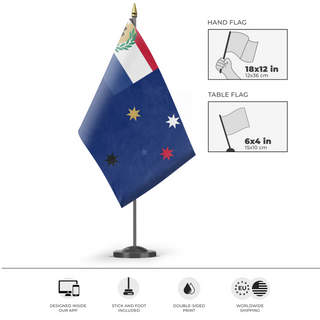 A mockup of the custom flag 'Fun with Flags Australia flag' as a desk flag and small hand waving flag