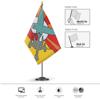 A mockup of the custom flag 'Crossed Swords flag' as a desk flag and small hand waving flag