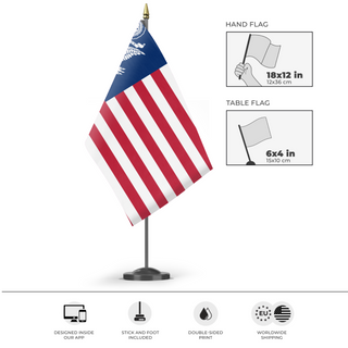A mockup of the custom flag 'United States Coat of Arms flag' as a desk flag and small hand waving flag