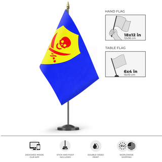 A mockup of the custom flag 'Avdaz flag' as a desk flag and small hand waving flag