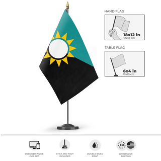 A mockup of the custom flag 'Bakis City flag' as a desk flag and small hand waving flag