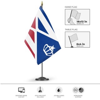 A mockup of the custom flag 'Peoples Cooperative of Zanstisa flag' as a desk flag and small hand waving flag