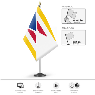 A mockup of the custom flag 'East Trasine flag' as a desk flag and small hand waving flag