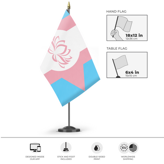 A mockup of the custom flag 'West Trasine flag' as a desk flag and small hand waving flag