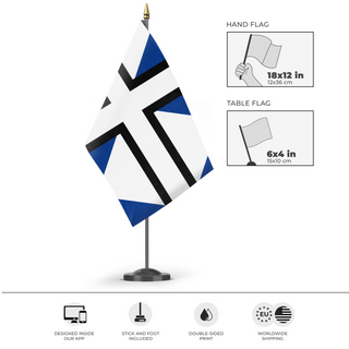 A mockup of the custom flag 'Geocotio flag' as a desk flag and small hand waving flag
