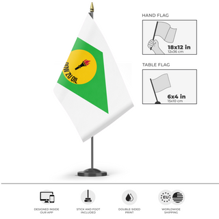 A mockup of the custom flag 'Dow Zu Oil Company flag' as a desk flag and small hand waving flag