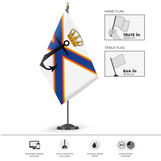 A mockup of the custom flag 'Soque flag' as a desk flag and small hand waving flag