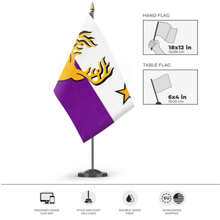 A mockup of the custom flag 'Cortia flag' as a desk flag and small hand waving flag