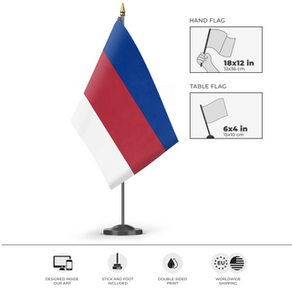 A mockup of the custom flag 'United Nuzz States flag' as a desk flag and small hand waving flag
