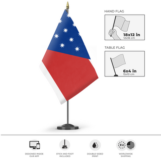 A mockup of the custom flag 'Nuzz Rebelion flag' as a desk flag and small hand waving flag