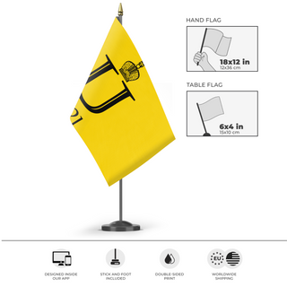 A mockup of the custom flag 'foodist flag' as a desk flag and small hand waving flag