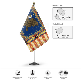 A mockup of the custom flag 'United States in the style of Venice flag' as a desk flag and small hand waving flag