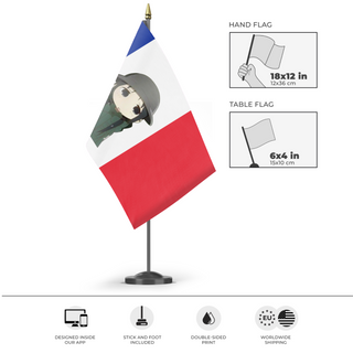 A mockup of the custom flag 'french flag' as a desk flag and small hand waving flag