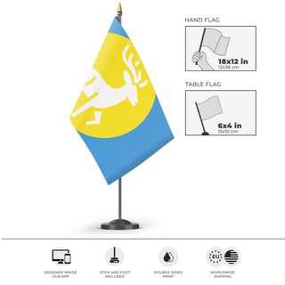 A mockup of the custom flag 'No.1 flag' as a desk flag and small hand waving flag