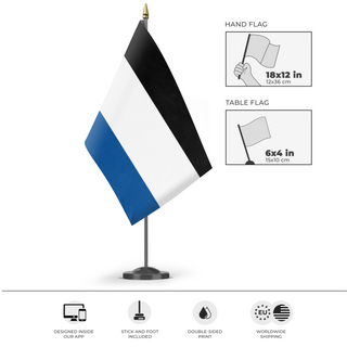 A mockup of the custom flag 'Mini Westhelm flag' as a desk flag and small hand waving flag