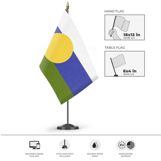 A mockup of the custom flag 'The Republic of Tomland flag' as a desk flag and small hand waving flag