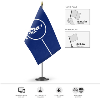 A mockup of the custom flag 'OFN Flag' as a desk flag and small hand waving flag