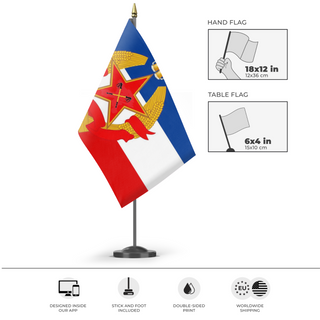 A mockup of the custom flag 'HNB flag' as a desk flag and small hand waving flag
