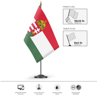 A mockup of the custom flag 'Kingdom of Hungary flag' as a desk flag and small hand waving flag