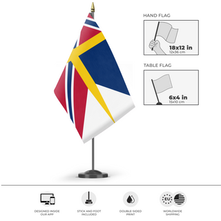 A mockup of the custom flag 'Proposed Flag For The Swedish-Norewegian Union' as a desk flag and small hand waving flag