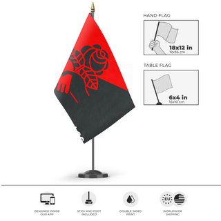 A mockup of the custom flag 'American Democratic Socialist Althistory flag' as a desk flag and small hand waving flag