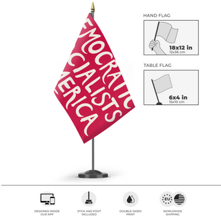A mockup of the custom flag 'Democratic Socialists of America flag' as a desk flag and small hand waving flag