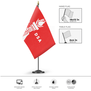A mockup of the custom flag 'New York Democratic Socialists flag' as a desk flag and small hand waving flag