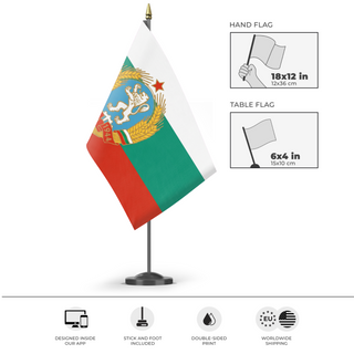 A mockup of the custom flag 'People's Republic of Bulgaria flag' as a desk flag and small hand waving flag